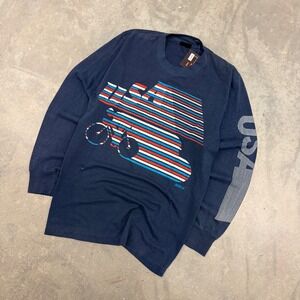 80s Mens Sun Sportswear USA Cycling Graphic Long Sleeve T-Shirt Navy Small